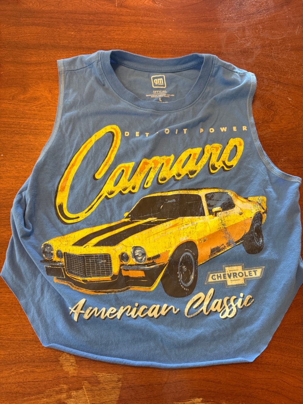 Camaro Graphic Crop Tank Top - Blue with Yellow Print